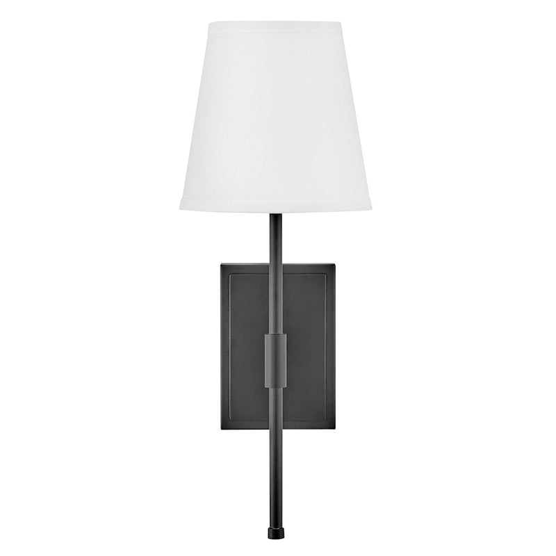 Lark Beale 9in 1-Light Wall Sconce | Classic Black Steel and White Linen Shade | Bedroom & Hallway Accent Light | 9 x 7 x 19 in | Model 83770BK