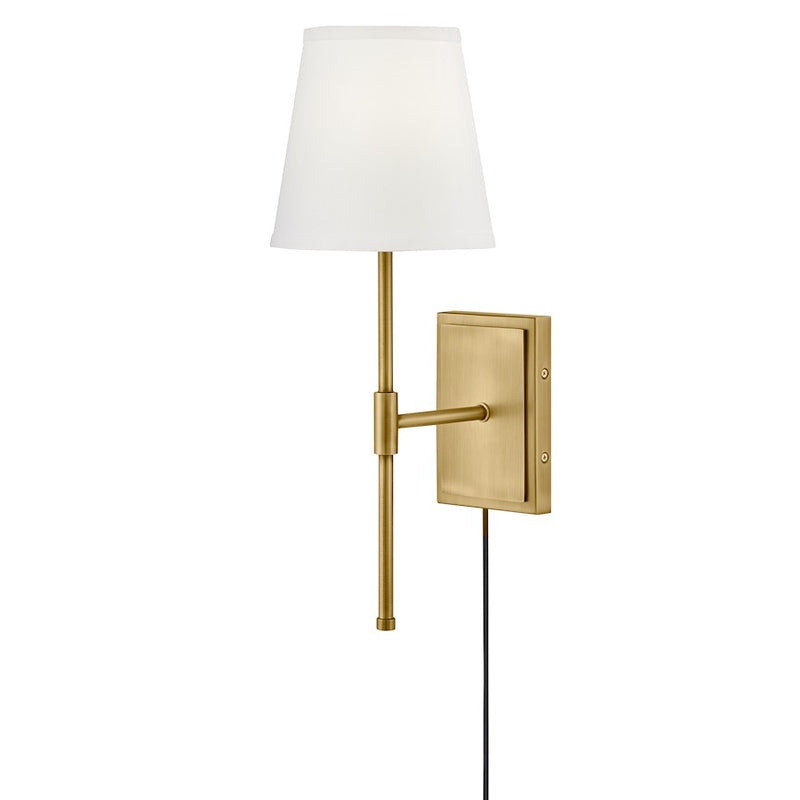 Lark Beale 1-Light Wall Sconce | Classic Lacquered Brass Steel and White Linen Shade | Living Room & Hallway Accent | 9 x 7 x 19 in | Model 83770LCB
