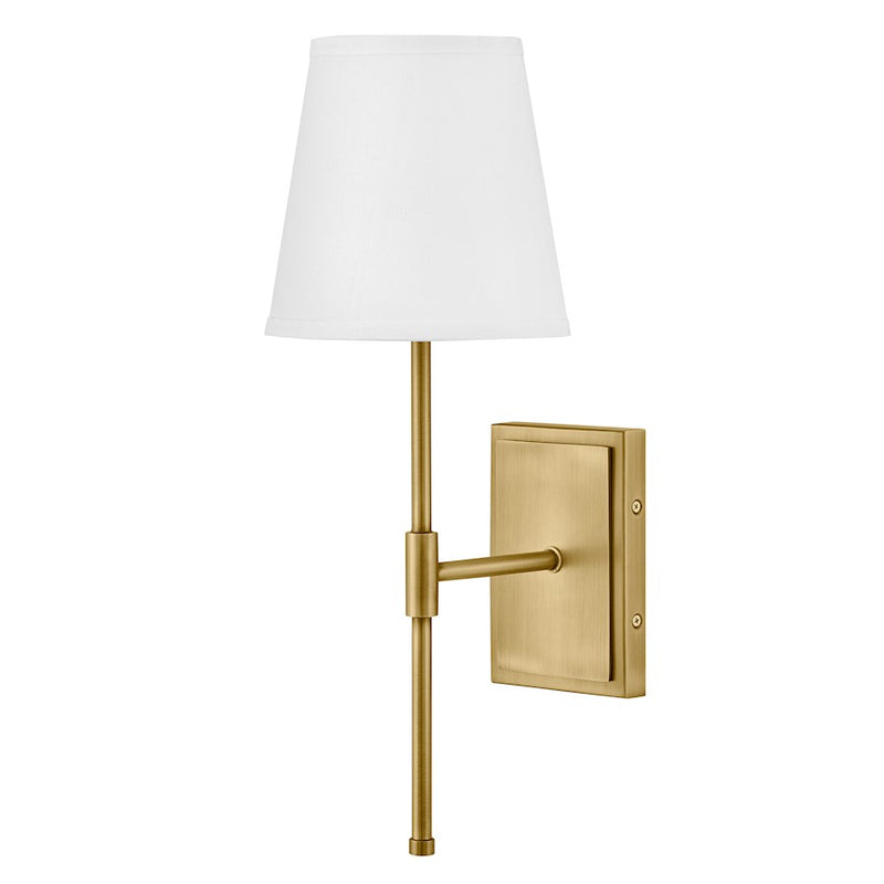 Lark Beale 1-Light Wall Sconce | Classic Lacquered Brass Steel and White Linen Shade | Living Room & Hallway Accent | 9 x 7 x 19 in | Model 83770LCB