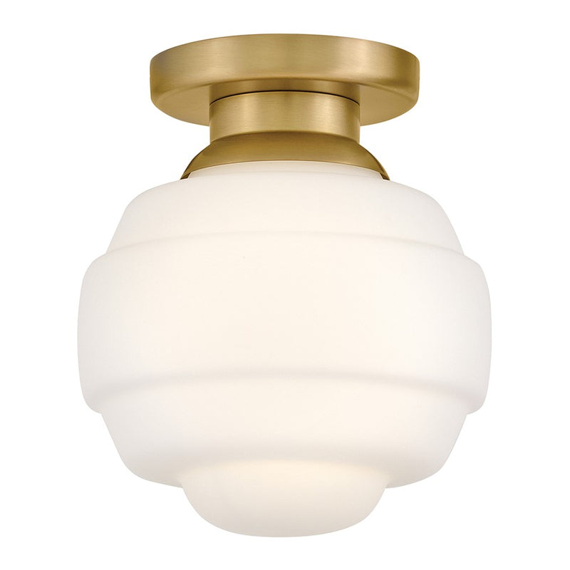 Lark Penny 9in 1-Light Flush Mount | Classic Lacquered Brass Steel and Etched Opal Glass | Hallway & Bedroom | 9 x 9 x 10 in | Model 84321LCB