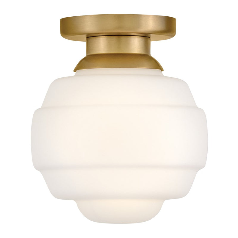 Lark Penny 9in 1-Light Flush Mount | Classic Lacquered Brass Steel and Etched Opal Glass | Hallway & Bedroom | 9 x 9 x 10 in | Model 84321LCB