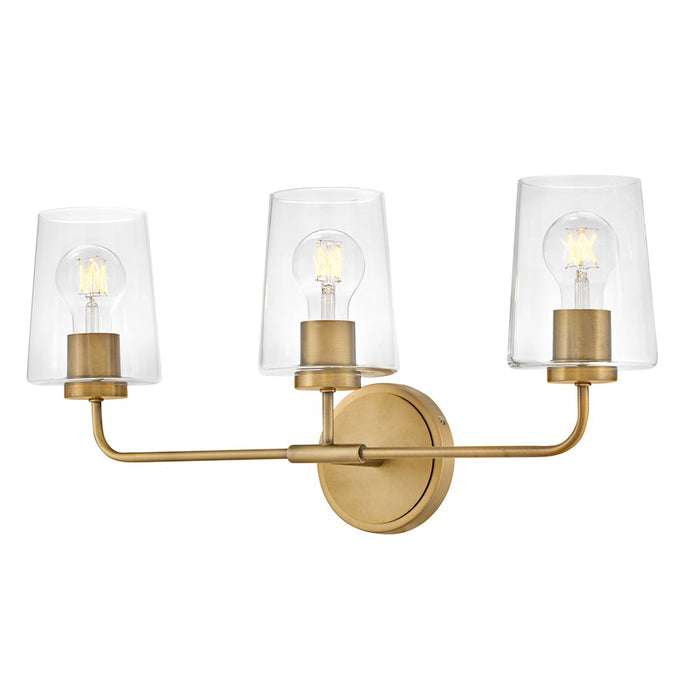 Lark Kline 3 Light Medium Bath Vanity, Heritage Brass/Clear