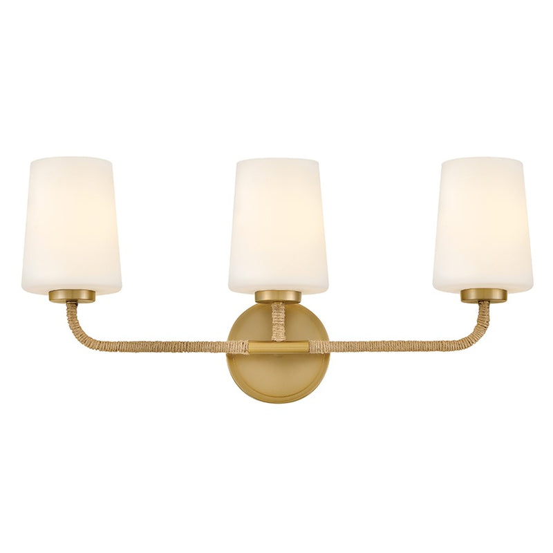 Lark Kline 23in 3-Light Vanity Light | Coastal Lacquered Brass Steel and Natural Rope with Etched Opal Glass | Bathroom Vanity & | Model 853453LCB-NAT