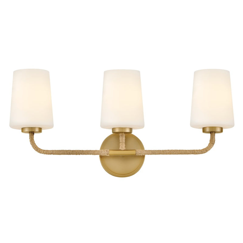 Lark Kline 23in 3-Light Vanity Light | Coastal Lacquered Brass Steel and Natural Rope with Etched Opal Glass | Bathroom Vanity & | Model 853453LCB-NAT