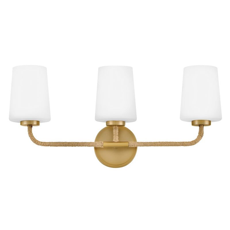 Lark Kline 23in 3-Light Vanity Light | Coastal Lacquered Brass Steel and Natural Rope with Etched Opal Glass | Bathroom Vanity & | Model 853453LCB-NAT