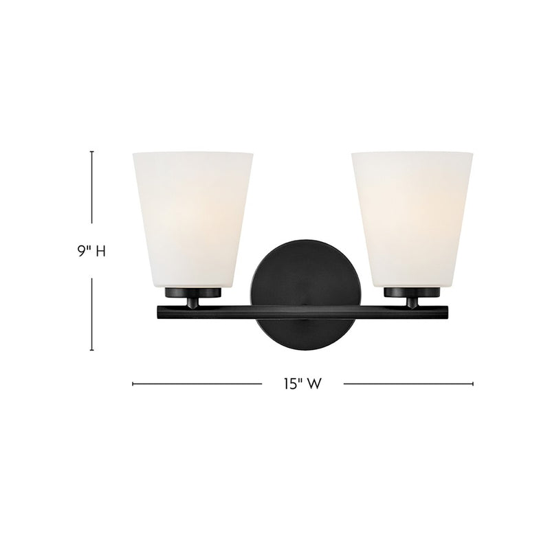 Lark Bri 15in 2-Light Vanity Light | Transitional Black Steel and Etched Opal Glass | Bathroom Vanity | 8.25 x 15 x 9 in | Model 85422BK