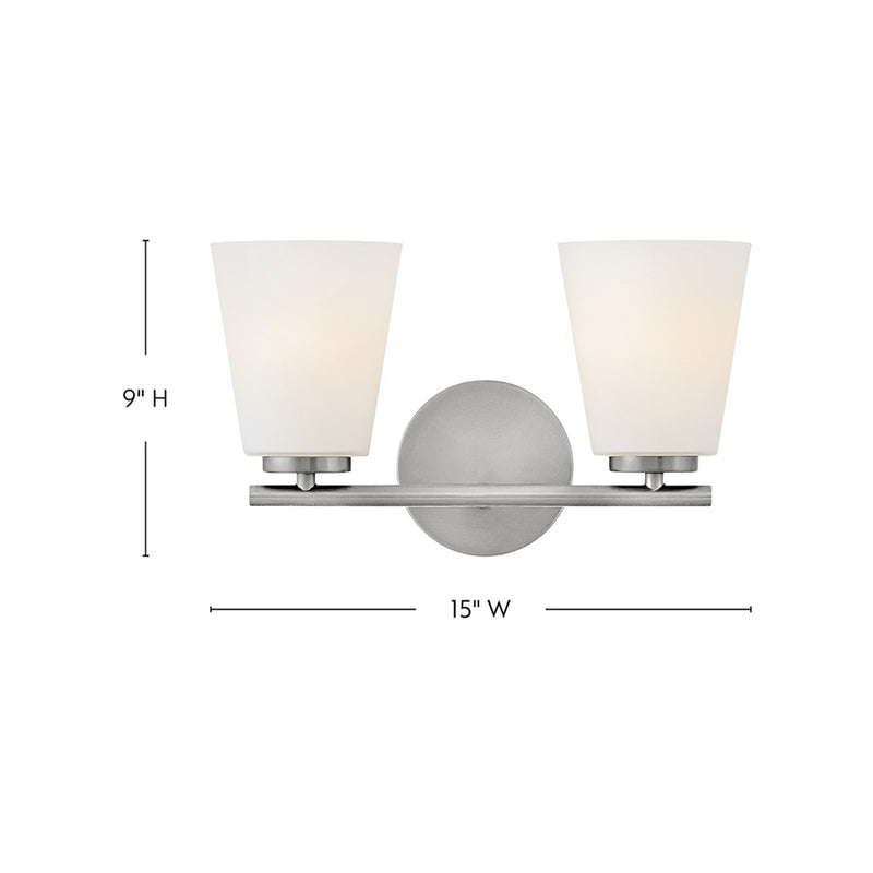 Lark Bri 15in 2-Light Vanity Light | Transitional Brushed Nickel Steel and Etched Opal Glass | Bathroom Vanity | 8 x 15 x 9 in | Model 85422BN