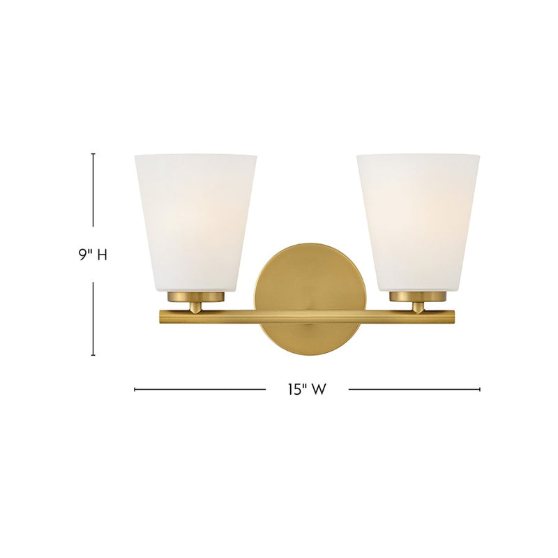 Lark Bri 15in 2-Light Vanity Light | Transitional Lacquered Brass Steel and Etched Opal Glass | Bathroom Vanity | 8.25 x 15 x 9 in | Model 85422LCB