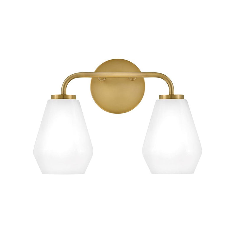 Lark Lighting Gio 2-Light Bath Vanity Light | Lacquered Brass | Cased Opal Glass Shade | Transitional Vanity Light | Hardwired Damp Rated | 85502LCB