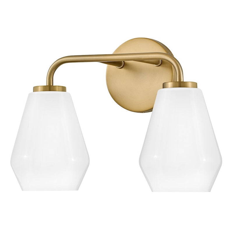 Lark Lighting Gio 2-Light Bath Vanity Light | Lacquered Brass | Cased Opal Glass Shade | Transitional Vanity Light | Hardwired Damp Rated | 85502LCB