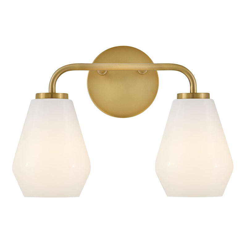 Lark Lighting Gio 2-Light Bath Vanity Light | Lacquered Brass | Cased Opal Glass Shade | Transitional Vanity Light | Hardwired Damp Rated | 85502LCB