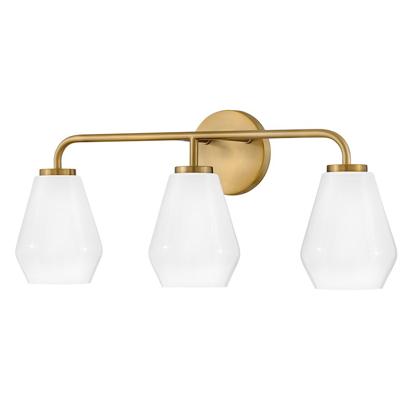 Lark Lighting Gio 3-Light Bath Vanity Light | Lacquered Brass | Cased Opal Glass Shade | Transitional Vanity Light | Hardwired Damp Rated | 85503LCB