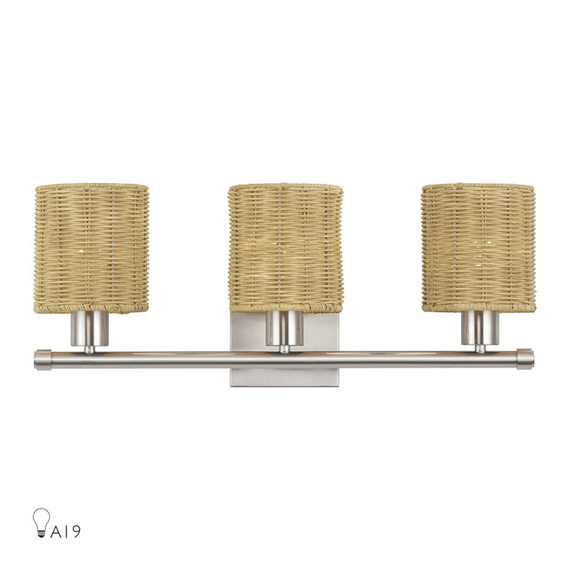 Livex Weavington 3Lt Vanity Sconce, Nickel/Hand-Woven Rustic Walnut - 13703-91