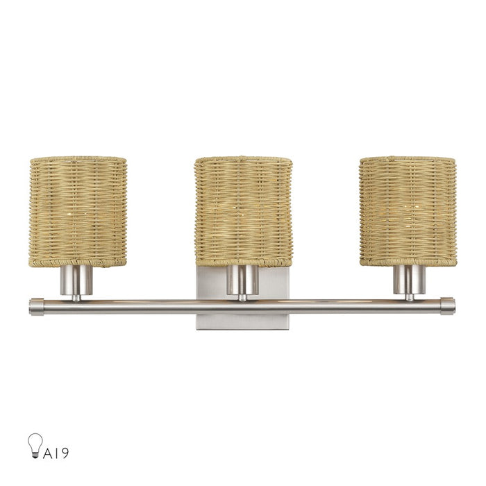 Livex Weavington 3Lt Vanity Sconce, Nickel/Hand-Woven Rustic Walnut - 13703-91