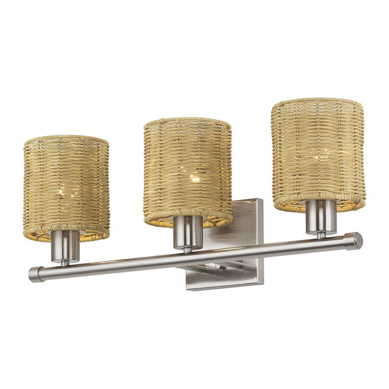 Livex Weavington 3Lt Vanity Sconce, Nickel/Hand-Woven Rustic Walnut