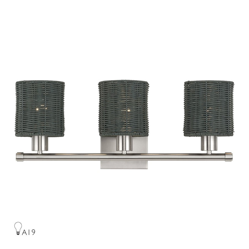 Livex Weavington 3Lt Vanity Sconce, Nickel/Hand-Woven Charred Gray - 13718-91