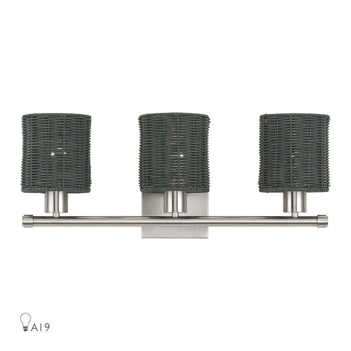 Livex Weavington 3Lt Vanity Sconce, Nickel/Hand-Woven Charred Gray - 13718-91