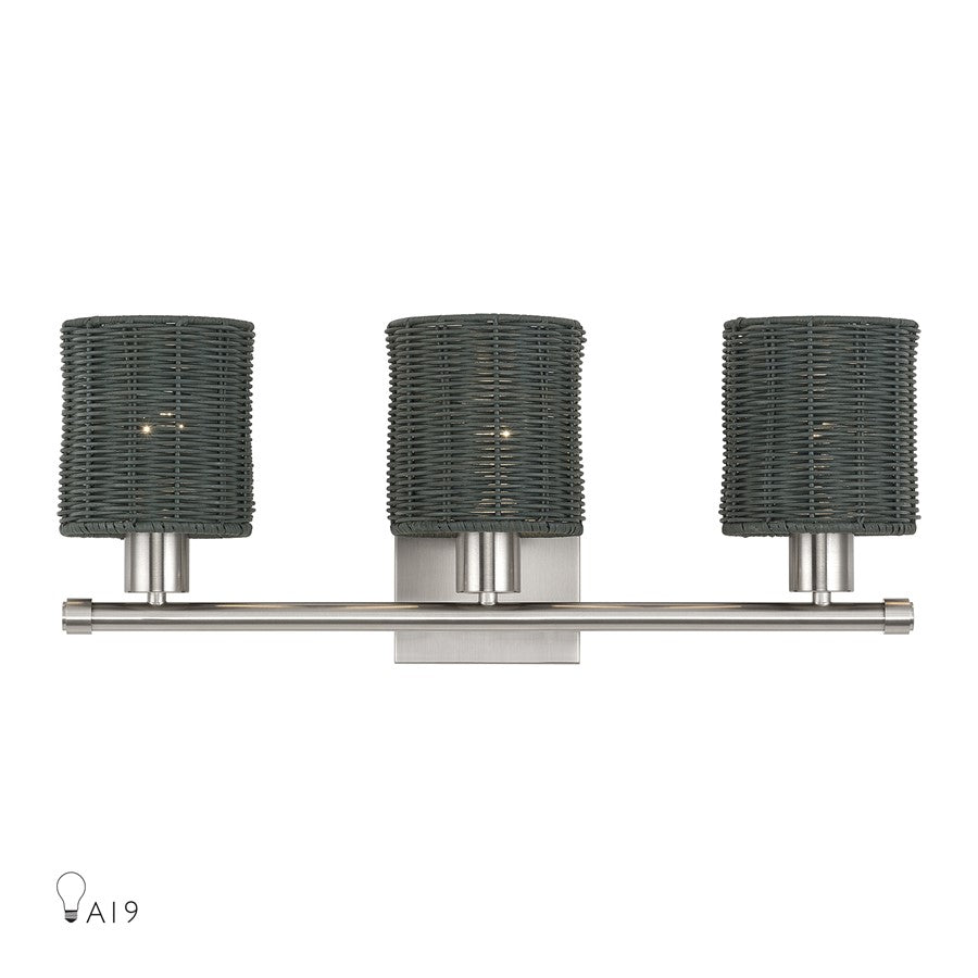 Livex Weavington 3Lt Vanity Sconce, Nickel/Hand-Woven Charred Gray - 13718-91