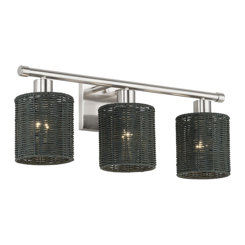 Livex Weavington 3Lt Vanity Sconce, Nickel/Hand-Woven Charred Gray