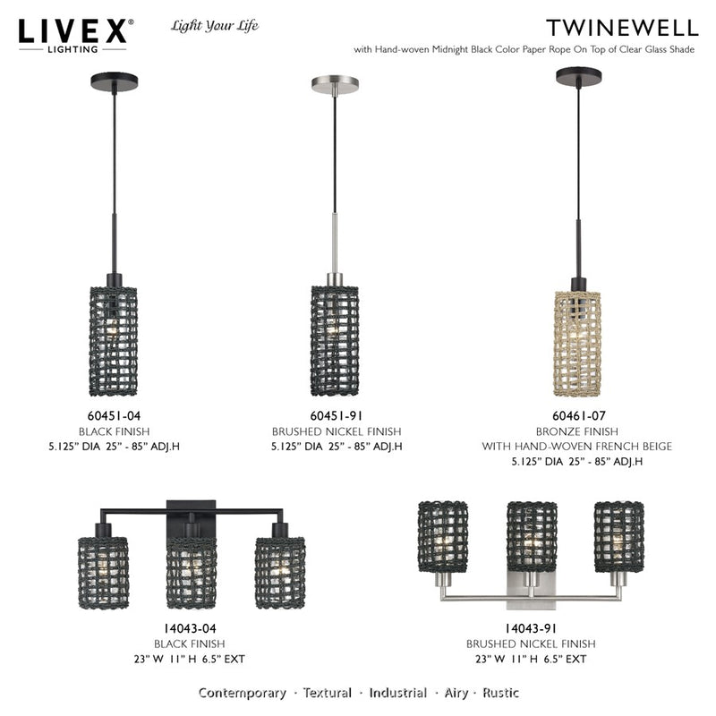 Livex Twinewell 3Lt Vanity Sconce, Black/Black On Top of Clear Glass