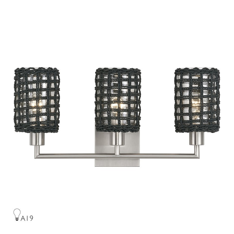 Livex Twinewell 3Lt Vanity Sconce, Nickel/Black On Top of Clear Glass - 14043-91