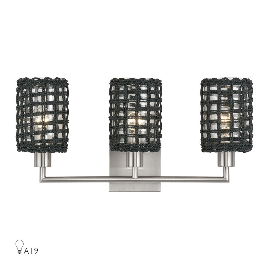 Livex Twinewell 3Lt Vanity Sconce, Nickel/Black On Top of Clear Glass - 14043-91