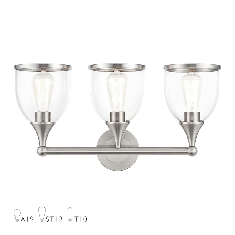 Livex Ashridge 3Lt Vanity Sconce, Brushed Nickel/Clear - 14133-91