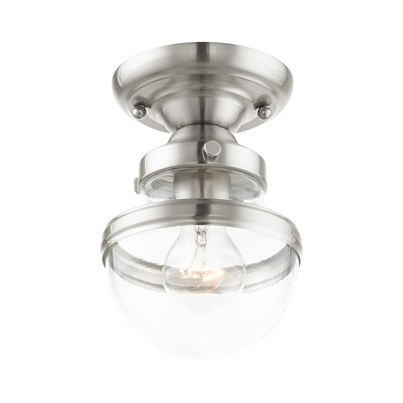 Livex Oldwick 1 Light Flush Mount , Brushed Nickel/Hand Blown Clear
