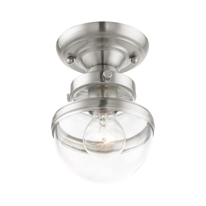 Livex Oldwick 1 Light Flush Mount , Brushed Nickel/Hand Blown Clear