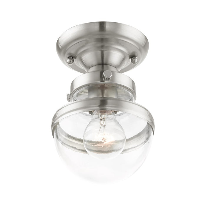 Livex Oldwick 1 Light Flush Mount , Brushed Nickel/Hand Blown Clear