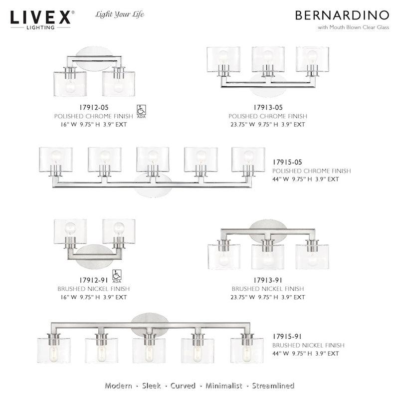 Livex Bernardino 2Lt Vanity Sconce, Brushed Nickel/Clear