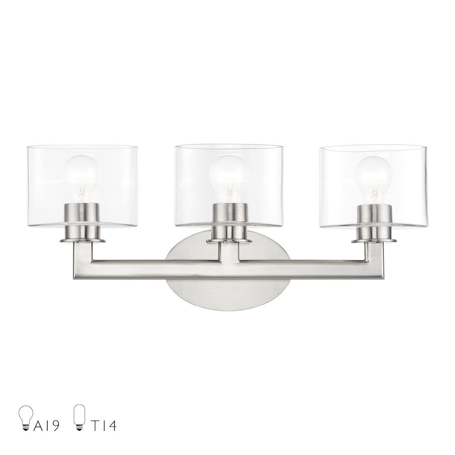 Livex Bernardino 3Lt Vanity Sconce, Brushed Nickel/Clear - 17913-91
