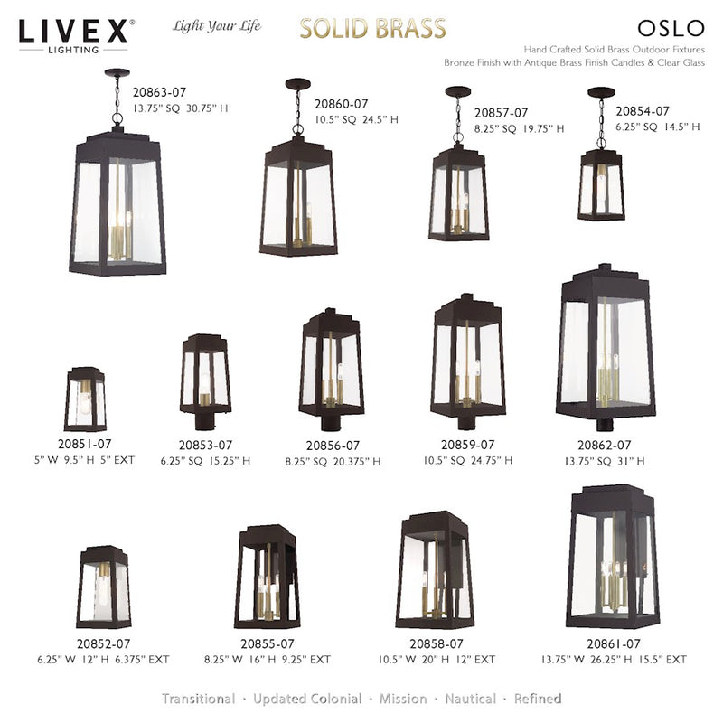 Livex Oslo 4Lt XL Outdoor Post Top Lantern, Bronze/Brass/Clear