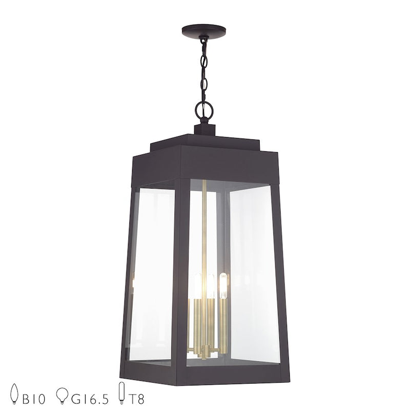 Livex Oslo 4Lt XL Outdoor Pendant Lantern, Bronze/Brass/Clear - 20863-07