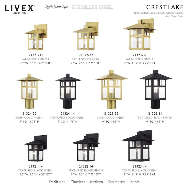 Livex Crestlake 1Lt Medium Outdoor Wall Lantern, Gold/Clear Glass