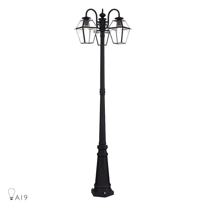 Livex Westover 3Lt Outdoor 3 Head Post Light, Black/Beveled Glass - 21863-04