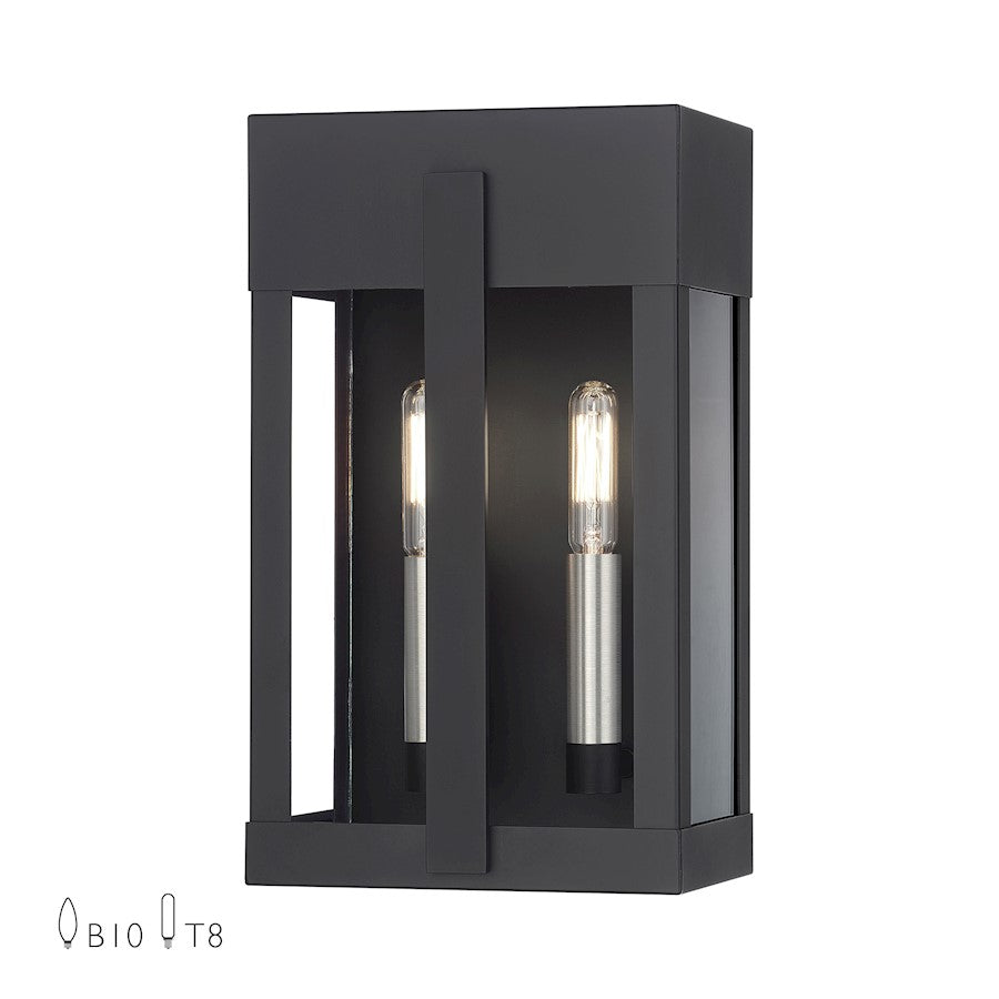 Livex Berksford 2Lt Med. Outdoor Wall Lantern, Black/Nickel/Clear - 28962-04
