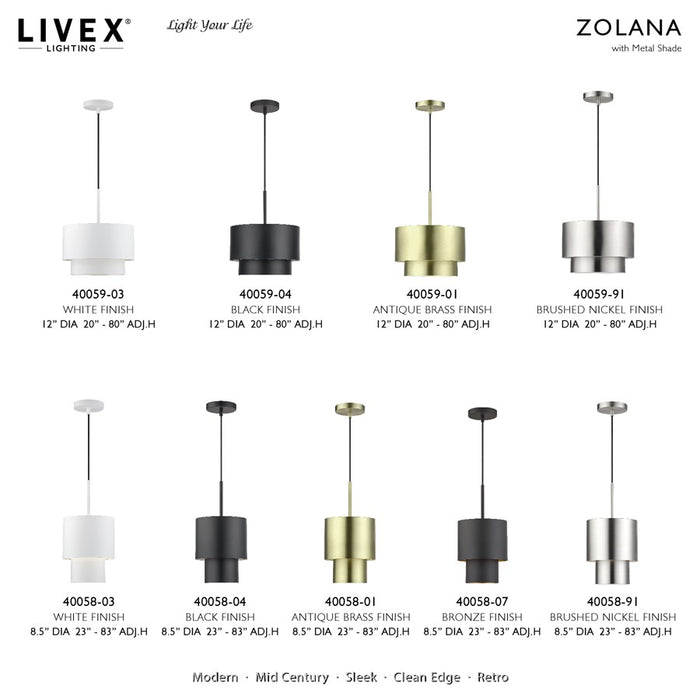 Livex Zolana 1Lt Pendant, White/White Steel Shade with White Inside