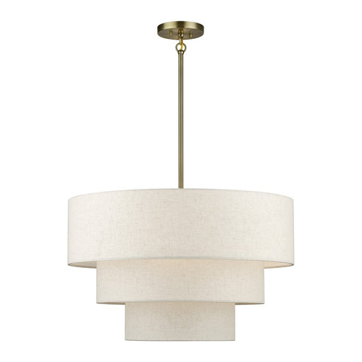 Livex Manorwood 5Lt Medium Pendant Chandelier, Brass/Oatmeal/White - 41936-01