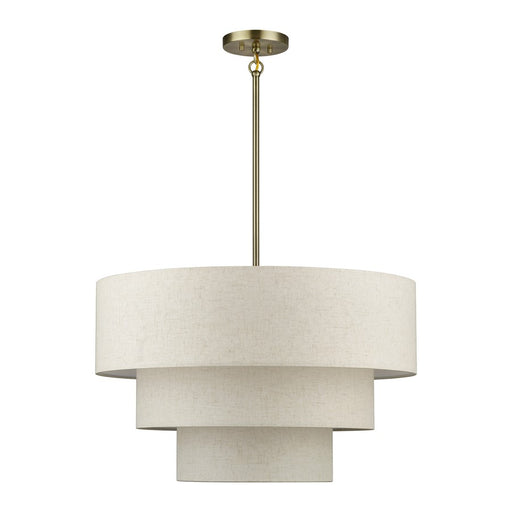 Livex Manorwood 5Lt Medium Pendant Chandelier, Brass/Oatmeal/White