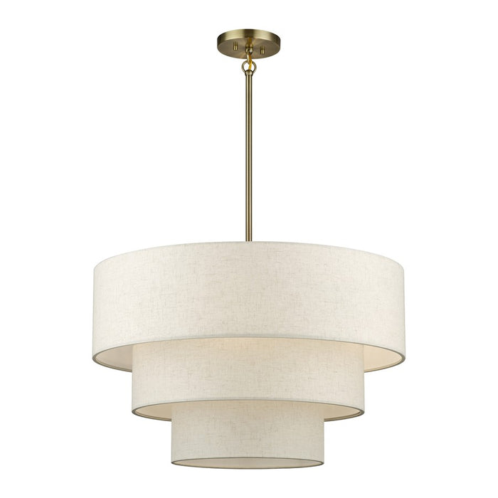 Livex Manorwood 5Lt Medium Pendant Chandelier, Brass/Oatmeal/White