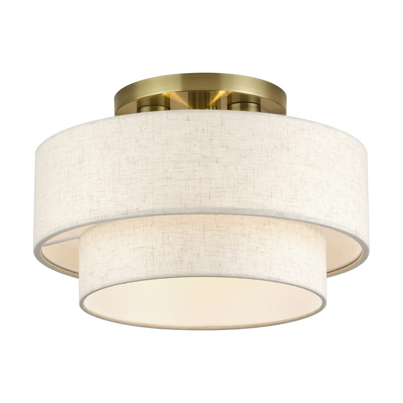 Livex Manorwood 3Lt 9.5" Semi-Flush, Brass/Oatmeal/White