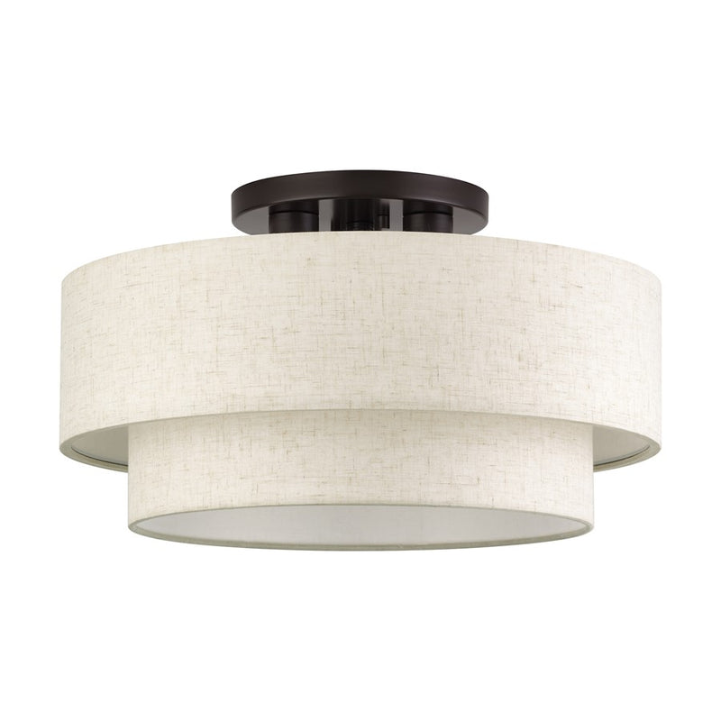 Livex Manorwood 3Lt 10" Semi-Flush, Bronze/Oatmeal/White