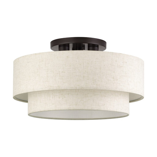 Livex Manorwood 3Lt 10" Semi-Flush, Bronze/Oatmeal/White