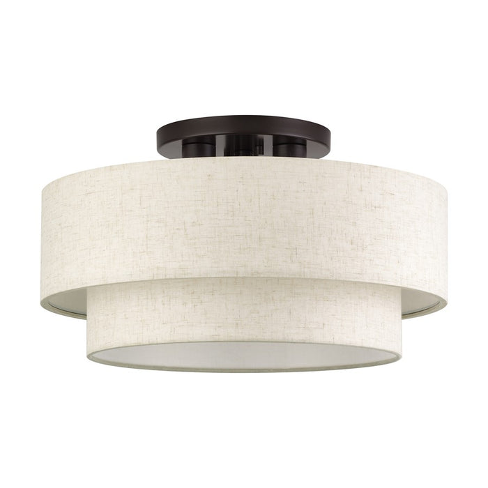 Livex Manorwood 3Lt 10" Semi-Flush, Bronze/Oatmeal/White
