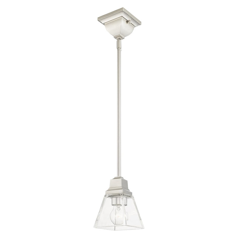 Livex Mission 1 Light Pendant, Brushed Nickel/Clear Glass