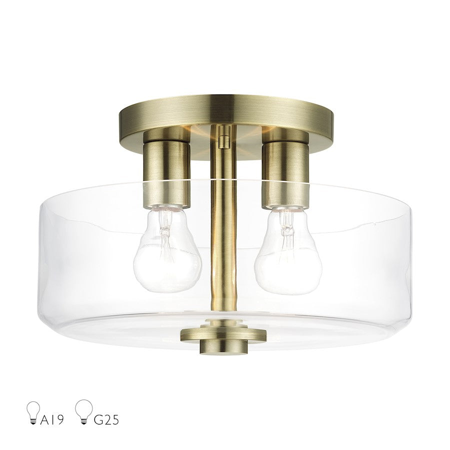 Livex Whitworth 2Lt Semi-Flush, Antique Brass/Clear - 46122-01