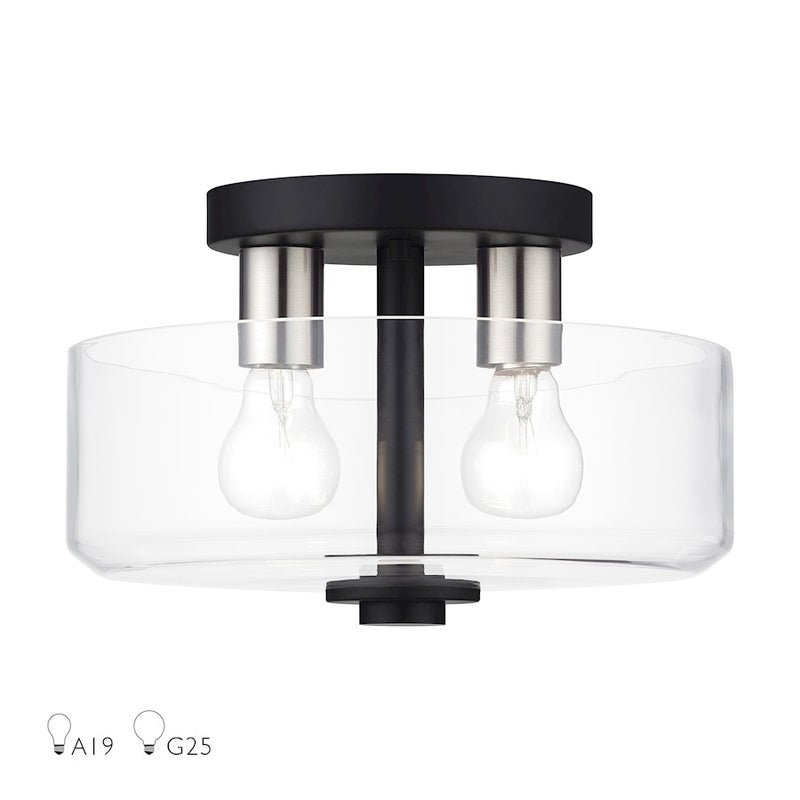 Livex Whitworth 2Lt Semi-Flush, Black/Brushed Nickel Accents/Clear - 46122-04