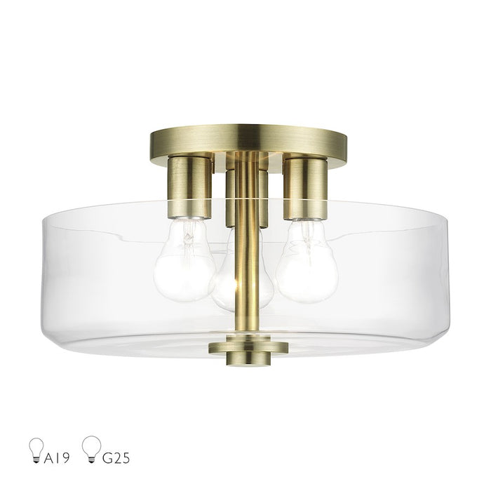 Livex Whitworth 3Lt Semi-Flush, Antique Brass/Clear - 46123-01
