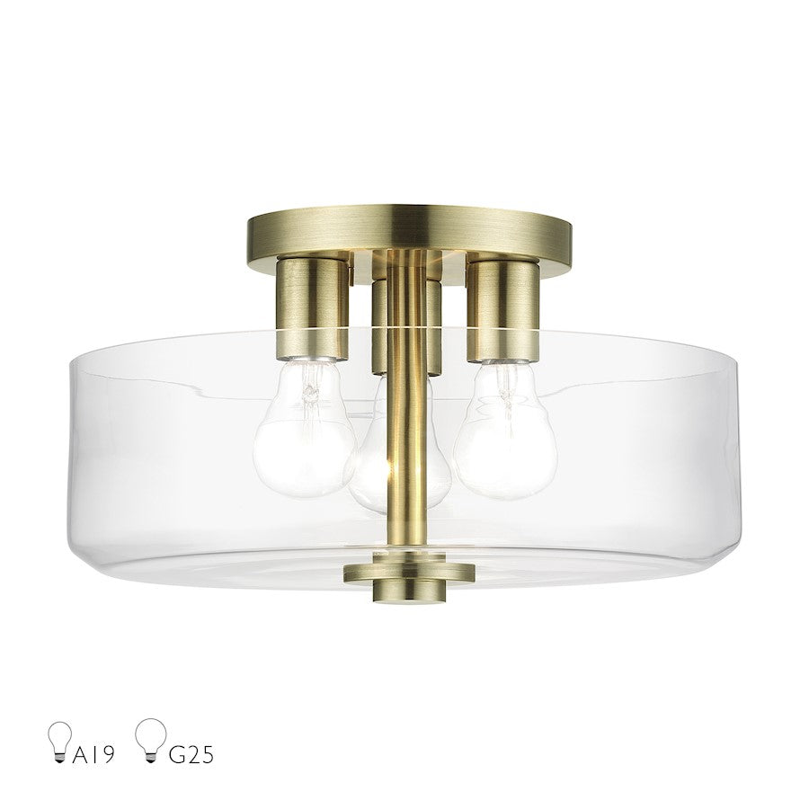 Livex Whitworth 3Lt Semi-Flush, Antique Brass/Clear - 46123-01